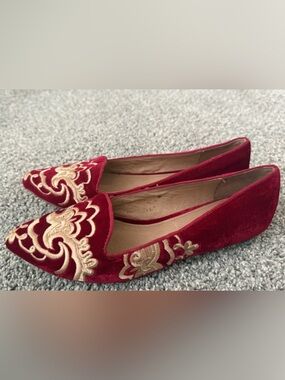 Joie Red Velvet Embroidered Pointed Toe Slip-On Flats Women's US Size 7